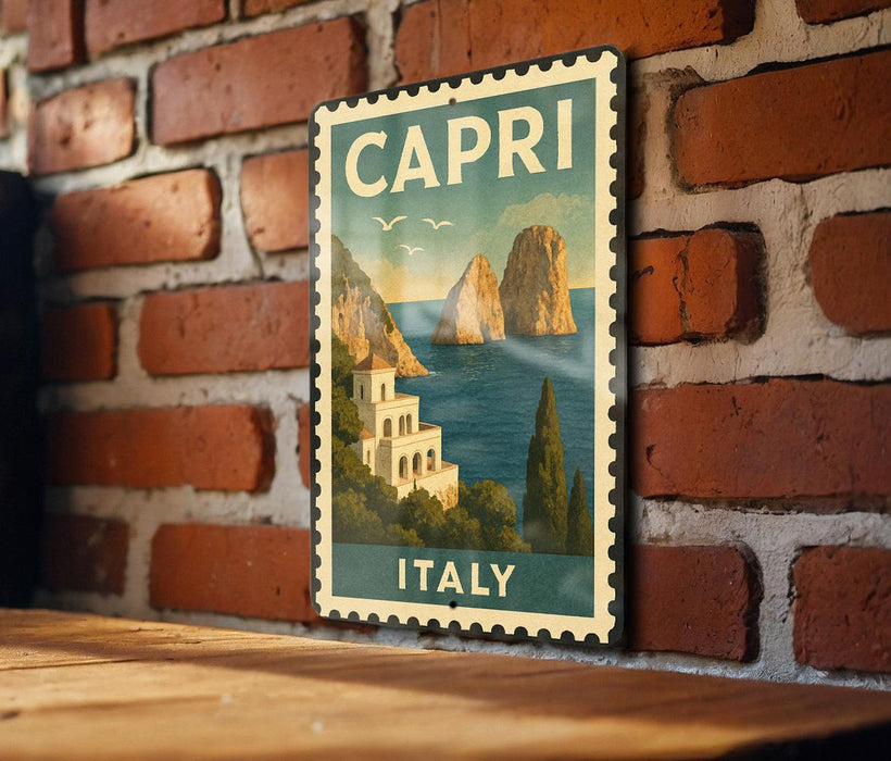 Capri Italy Metal Sign – Vintage Stamp Style Wall Art, Travel Poster, Italian Coastal Decor for Home or Office