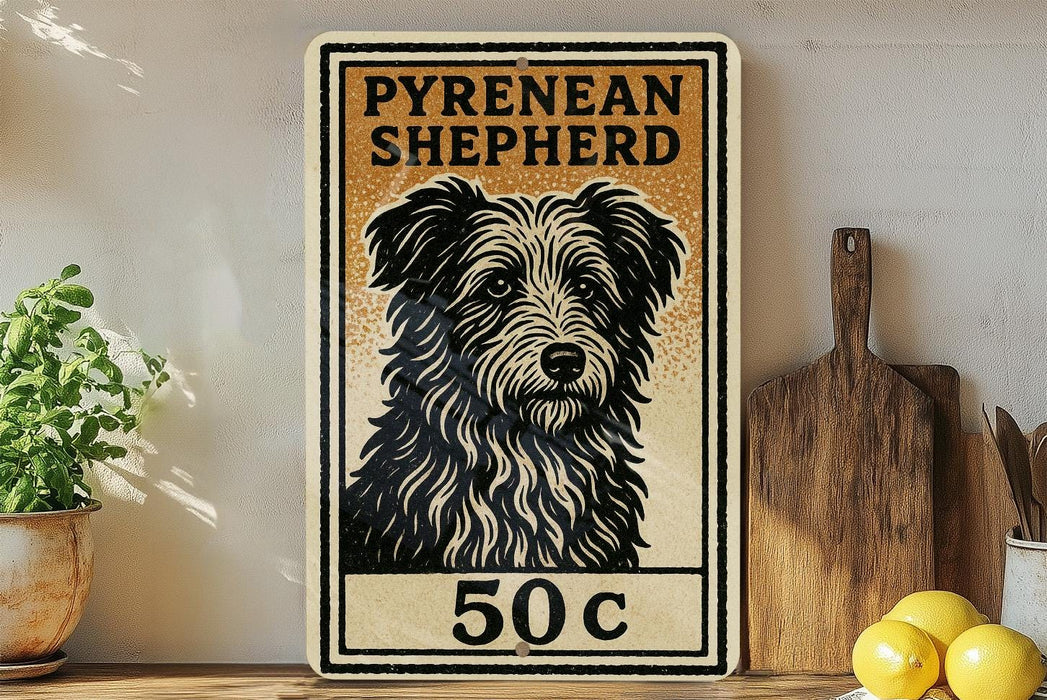 A vintage-style sign for a Pyrenean Shepherd, featuring a black and white illustration of the dog's face, is displayed on a shelf next to a wooden cutting board and some lemons.