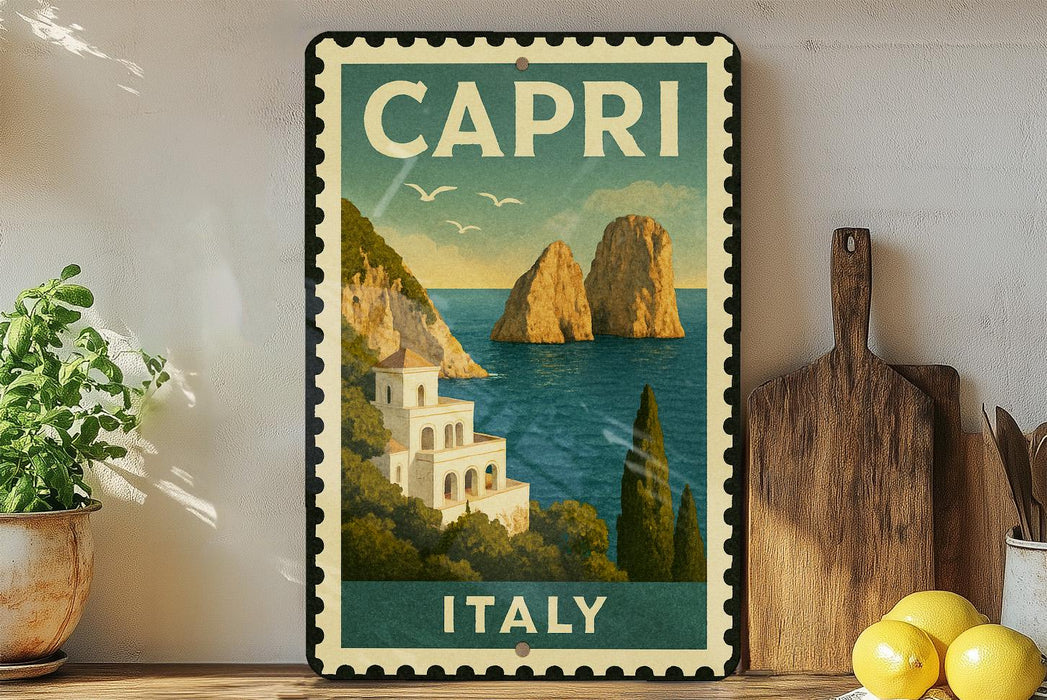 Capri Italy Metal Sign – Vintage Stamp Style Wall Art, Travel Poster, Italian Coastal Decor for Home or Office