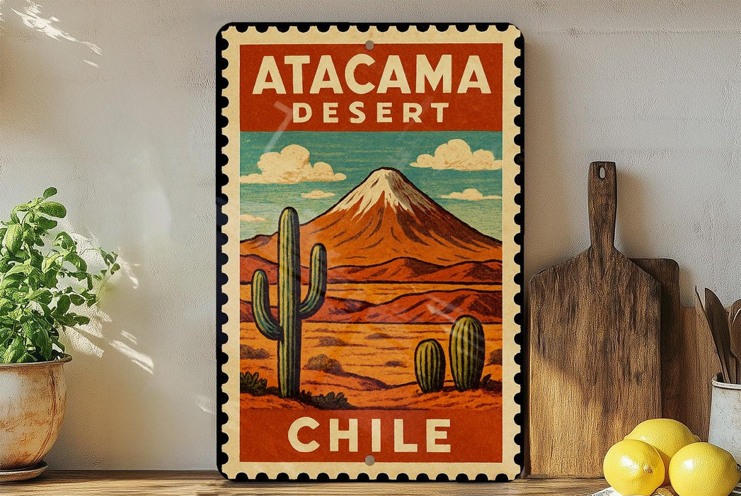 A vintage-style metal sign depicting the Atacama Desert in Chile, with a mountain and desert landscape, along with a cactus and other desert elements.