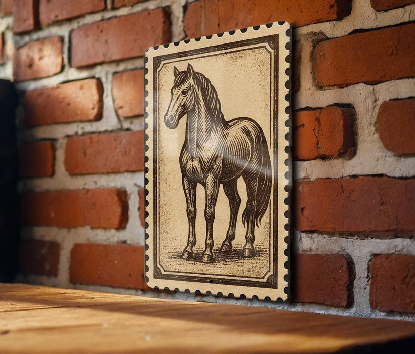 a wooden table with a framed illustration of a horse on it, mounted on a brick wall.