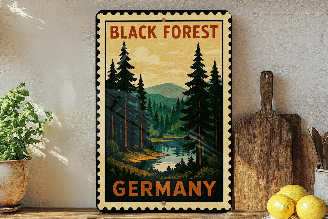 A vintage-style metal sign with a forest scene and mountains, mounted on a wall next to a wooden cutting board and some potted plants.