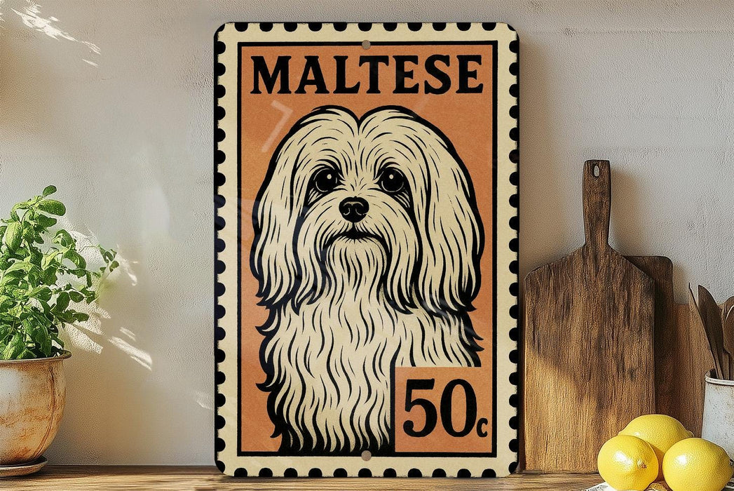 A vintage-style metal sign featuring a Maltese dog, with the text "MALTESE 50c" printed on it.