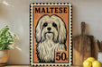 A vintage-style metal sign featuring a Maltese dog, with the text "MALTESE 50c" printed on it.