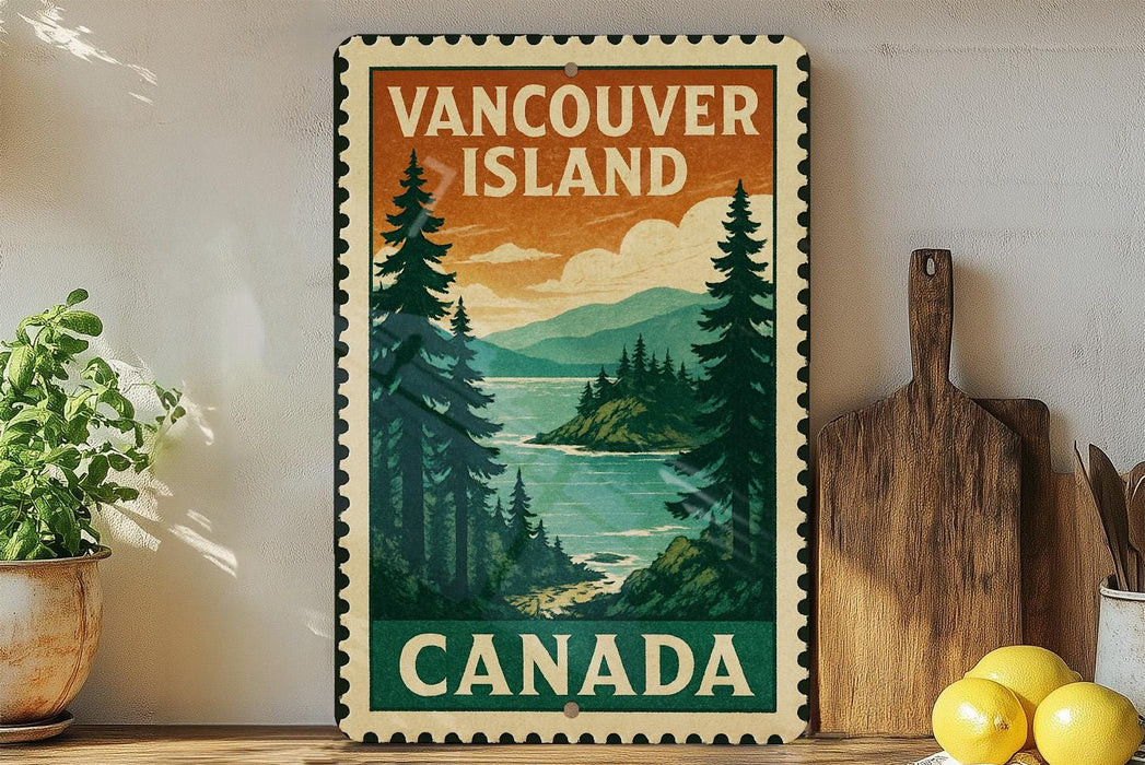 A vintage-style metal sign with the text "VANCOUVER ISLAND CANADA" displayed on a wooden shelf, surrounded by a potted plant, a cutting board, and some lemons.