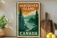 A vintage-style metal sign with the text "VANCOUVER ISLAND CANADA" displayed on a wooden shelf, surrounded by a potted plant, a cutting board, and some lemons.