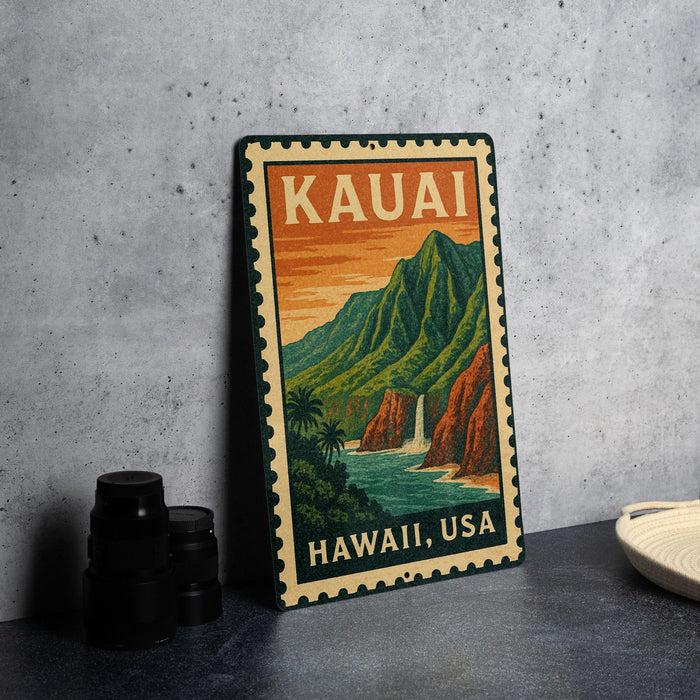 A vintage-style metal sign with the text "KAUAI, HAWAII, USA" printed on it, depicting a scenic landscape with mountains, a waterfall, and palm trees.