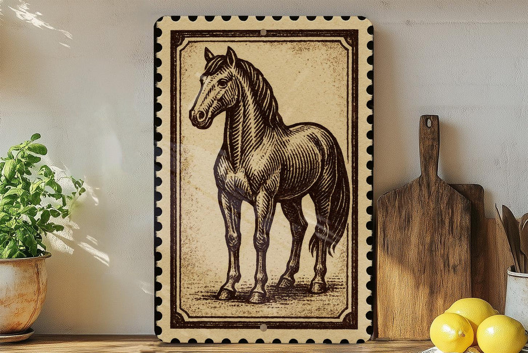 a framed illustration of a horse, which is displayed on a shelf next to a wooden cutting board and some lemons.