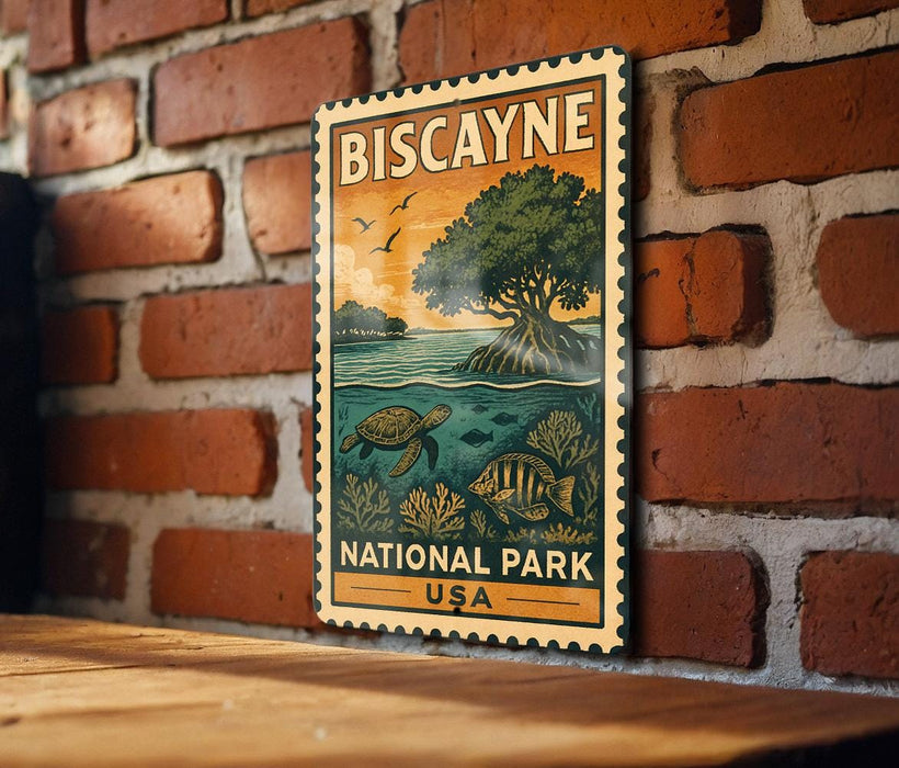A vintage-style stamp or sign for Biscayne National Park, featuring a tropical landscape with a turtle, palm tree, and other wildlife.