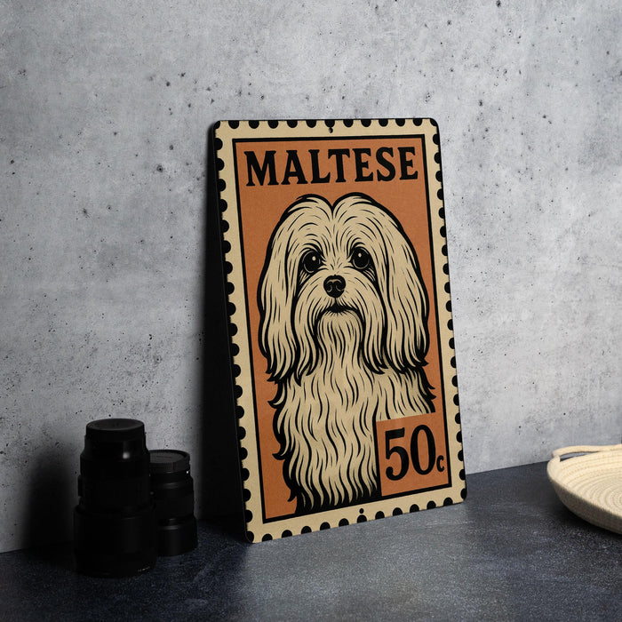 A metal sign featuring a Maltese dog, with the text "MALTESE" and "50c" printed on it.