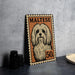 A metal sign featuring a Maltese dog, with the text "MALTESE" and "50c" printed on it.