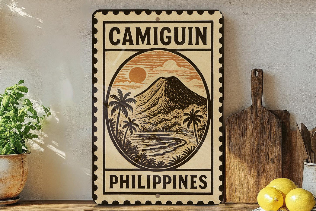 a framed poster of a tropical landscape with palm trees and a mountain, placed on a shelf next to a wooden cutting board and some lemons.