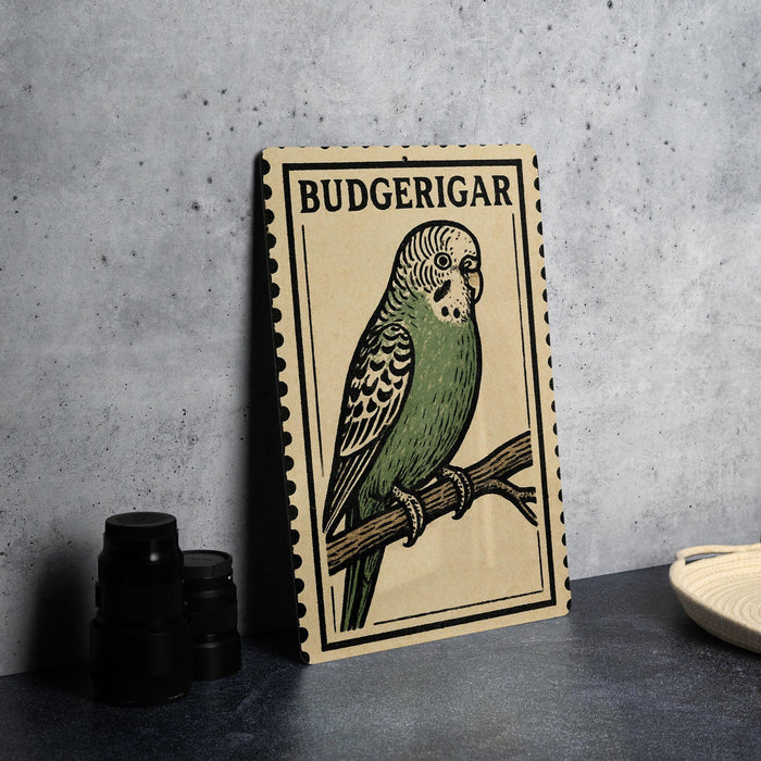 A framed illustration of a Budgerigar bird, a small parrot, is displayed on a table next to some black camera lenses.