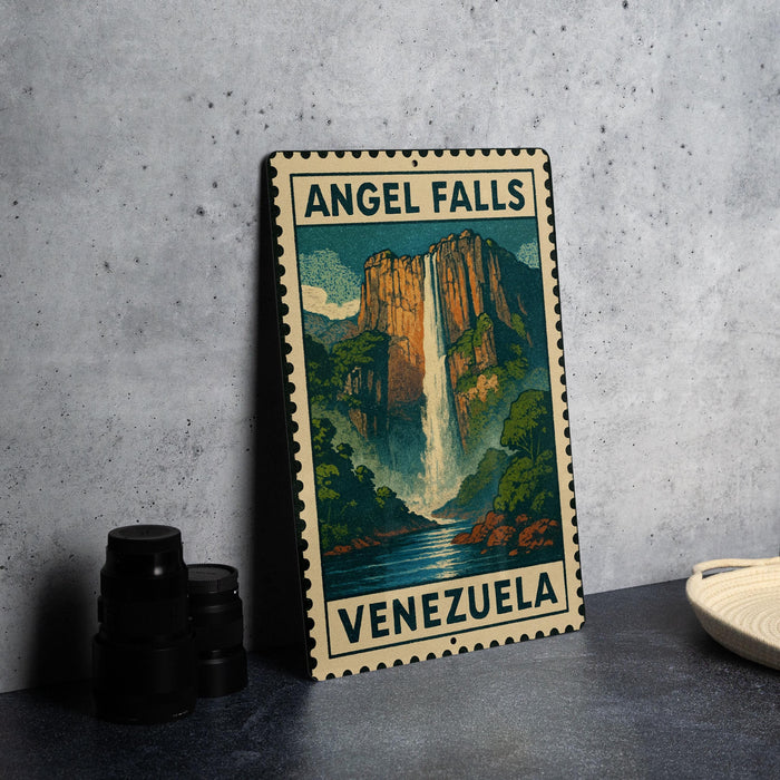 A vintage-style metal sign depicting Angel Falls, the world's highest uninterrupted waterfall, in Venezuela.