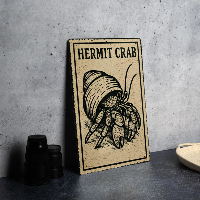 a sign with a drawing of a hermit crab, placed on a table next to some black camera lenses.