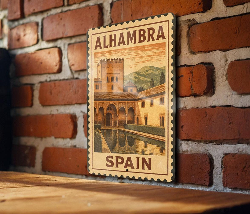 A vintage-style poster of Alhambra, Spain, displayed on a brick wall.