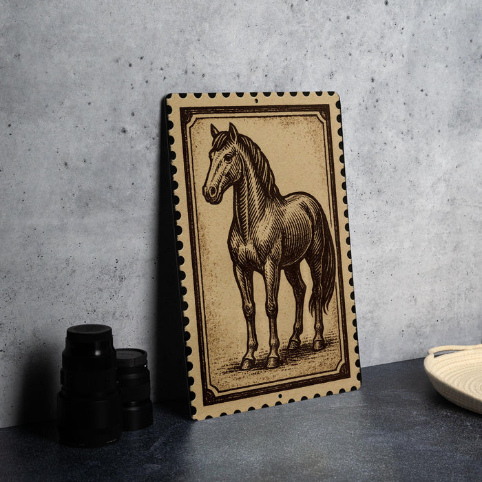 a framed illustration of a horse, which is placed on a surface next to some black camera lenses.