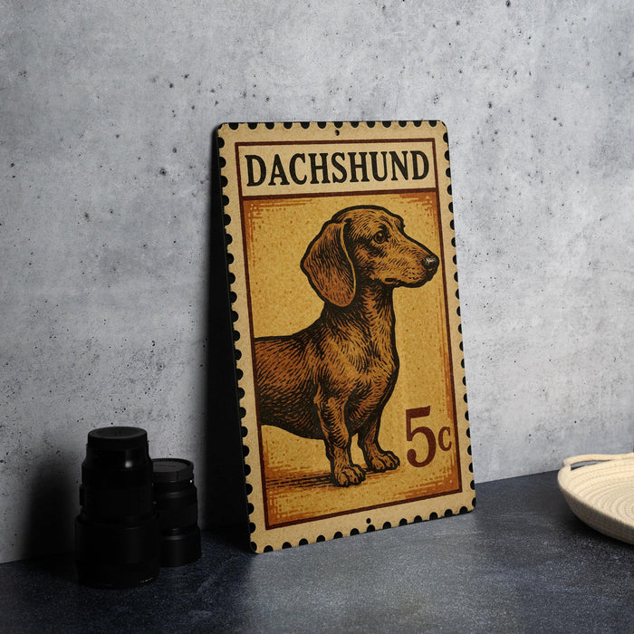 A metal sign featuring a dachshund dog, with the text "DACHSHUND" and the denomination "5c" printed on it.