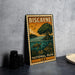 A vintage-style metal sign for Biscayne National Park in the USA, featuring an illustration of a tropical landscape with a tree, sea turtle, and fish.