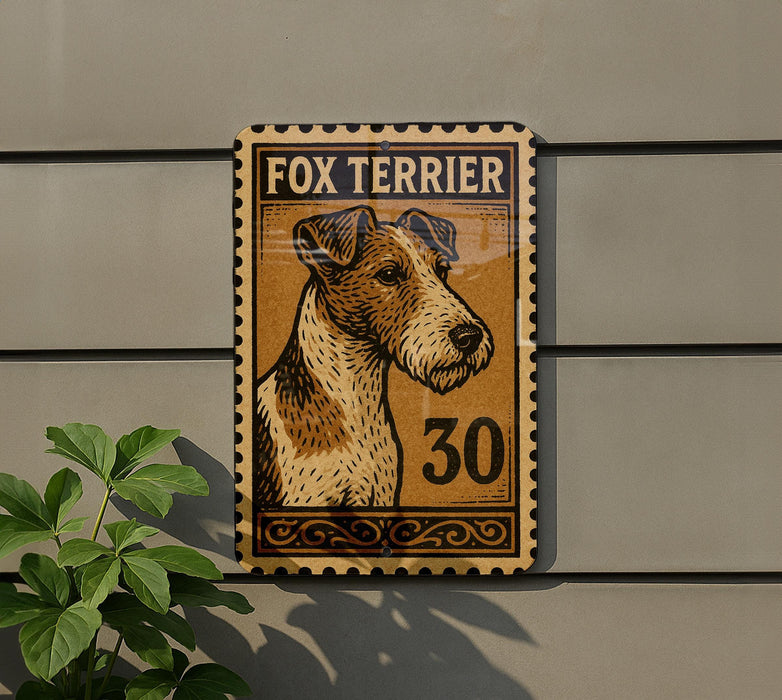 a fox terrier dog, which is depicted in a wooden frame with the number 30 on it. The dog is shown in profile, and the frame is mounted on a wall.