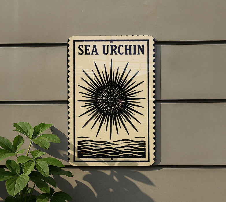 a sign with the text "SEA URCIN" and a sun-like symbol, mounted on a wall next to a plant.