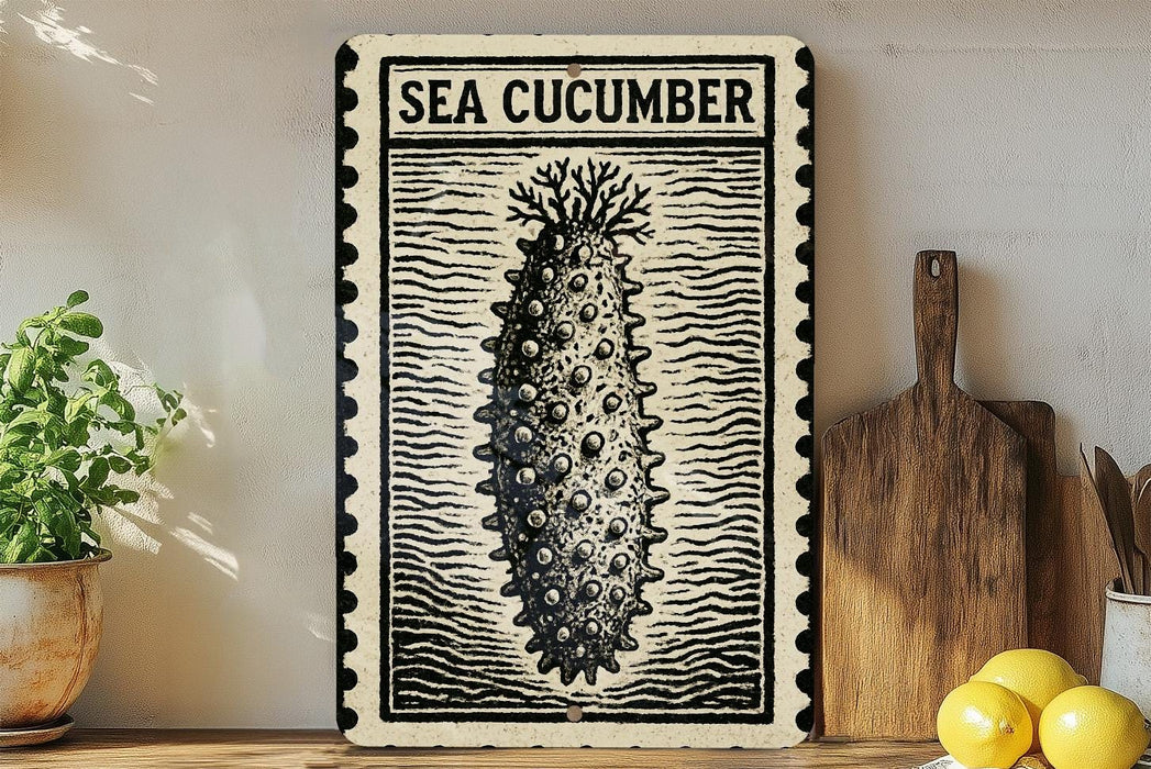a framed illustration of a sea cucumber on a wooden shelf, accompanied by a wooden cutting board and a potted plant.