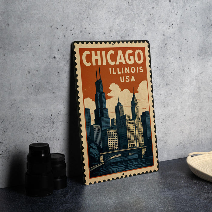 A vintage-style metal sign with the text "CHICAGO ILLINOIS USA" and an illustration of a city skyline, placed on a gray countertop next to some black camera lenses.