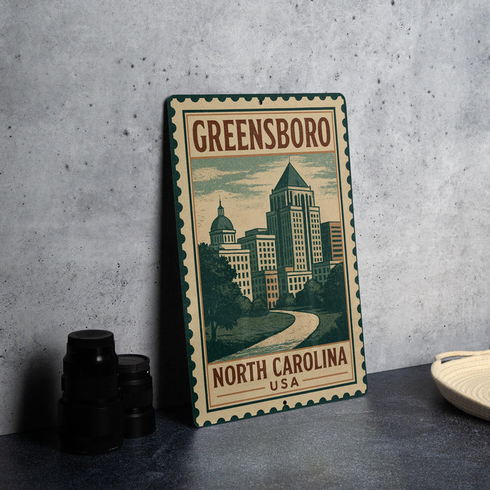 A vintage-style metal sign with the text "GREENSBORO NORTH CAROLINA USA" and an illustration of a cityscape, placed on a gray countertop next to some black camera lenses.