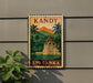 A vintage-style sign for the Temple of Buddha, also known as the Kandy, in Sri Lanka, featuring a temple surrounded by palm trees and mountains.