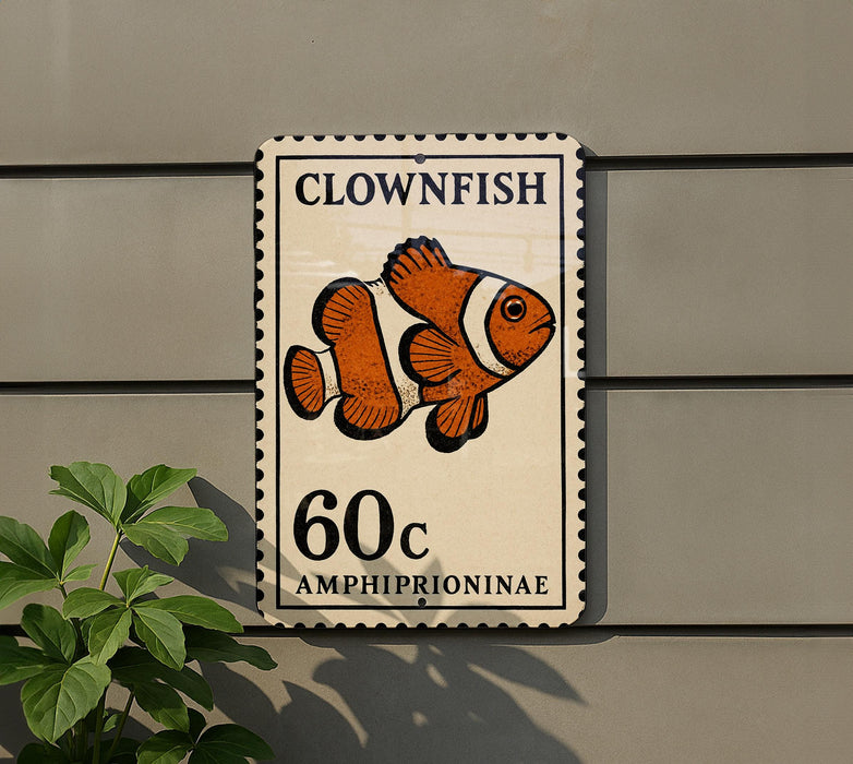 A sign featuring an illustration of a clownfish, with the text "CLOWNSFISH" and "60c AMPHIPRIONAE" printed on it.