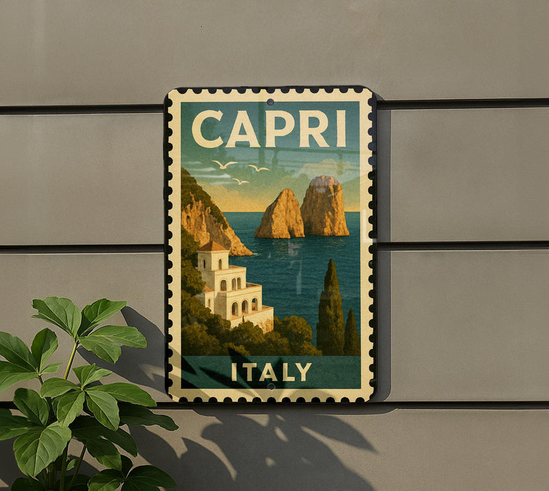 A vintage-style poster of Capri, Italy, featuring the iconic rock formations and the sea, is displayed on a wall.
