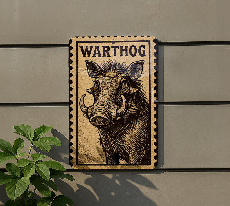 A wooden sign with a picture of a warthog on it, mounted on a wall.