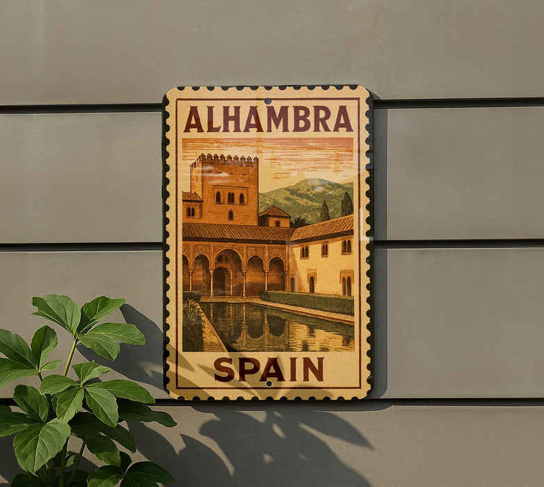 A sign displaying the name "ALHAMBRA" and the word "SPAIN" is mounted on a wall, with a plant visible to the left of the sign.