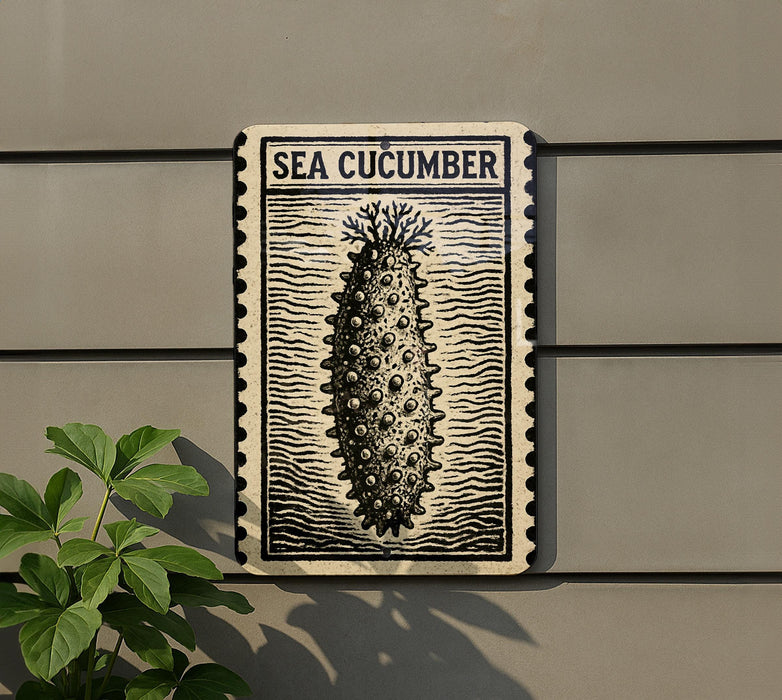 a decorative sign with a sea cucumber illustration, mounted on a wall next to a plant.