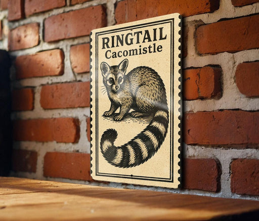 a sign with a raccoon illustration on it, mounted on a brick wall.