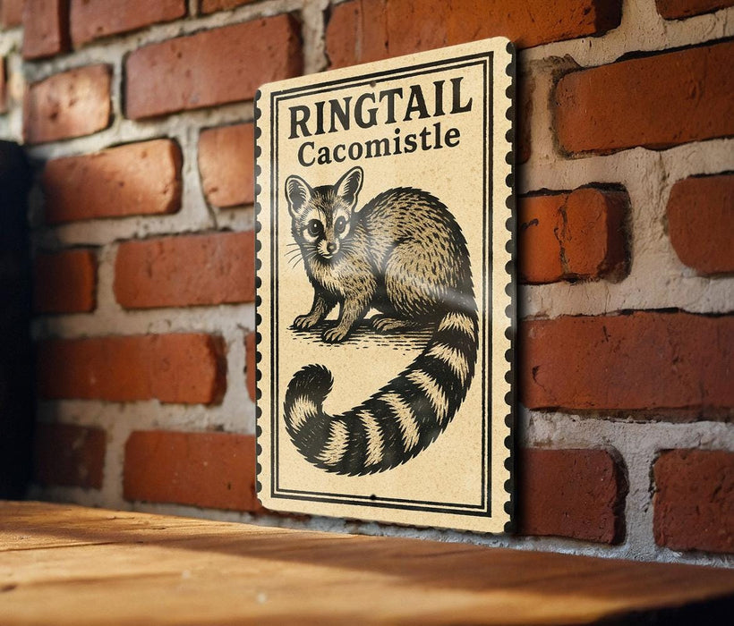 a sign with a raccoon illustration on it, mounted on a brick wall.