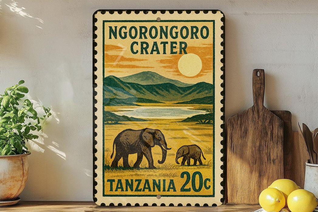 A vintage-style stamp depicting an elephant and a baby elephant in a grassy landscape, with mountains in the background and a sun in the sky. The stamp is framed with a border and has text that reads "NGORONGOORO CRATER TANZANIA 20c".