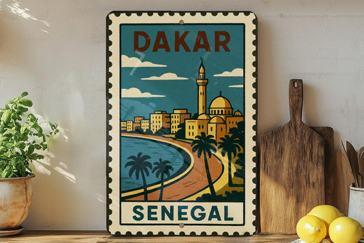 A vintage-style metal stamp with a colorful illustration of Dakar, Senegal, featuring a cityscape, palm trees, and a mosque.