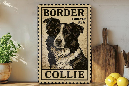 A vintage-style metal sign featuring a collie dog, with the text "BORDER FOREVER USA" and "COLLEGE" printed on it. The sign is displayed on a shelf next to a wooden cutting board and a potted plant.