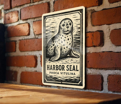 A sign featuring a seal is mounted on a brick wall.