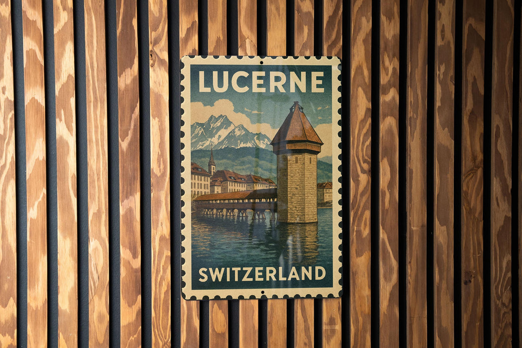 A vintage postage stamp from Switzerland featuring a tower and a bridge, mounted on a wooden wall.