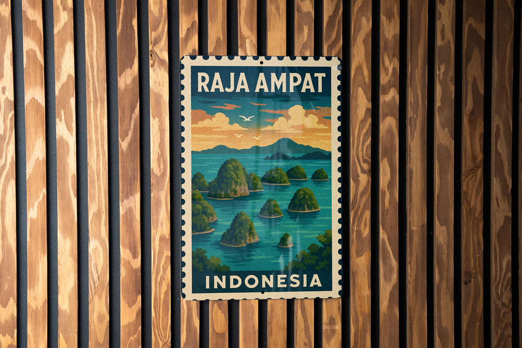 A vintage postage stamp from Indonesia featuring a tropical island landscape with palm trees and water.