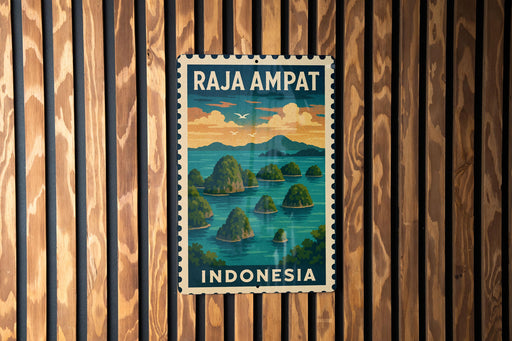 A vintage postage stamp from Indonesia featuring a tropical island landscape with palm trees and water.
