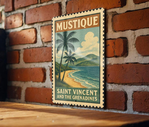 A vintage-style poster of Saint Vincent and the Grenadines, featuring palm trees and a beach scene, is displayed on a brick wall.