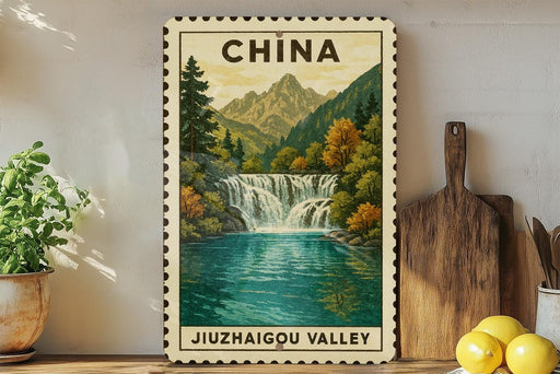A framed vintage postage stamp depicting a waterfall in the Jizhai gorge valley in China, surrounded by lush greenery and mountains.