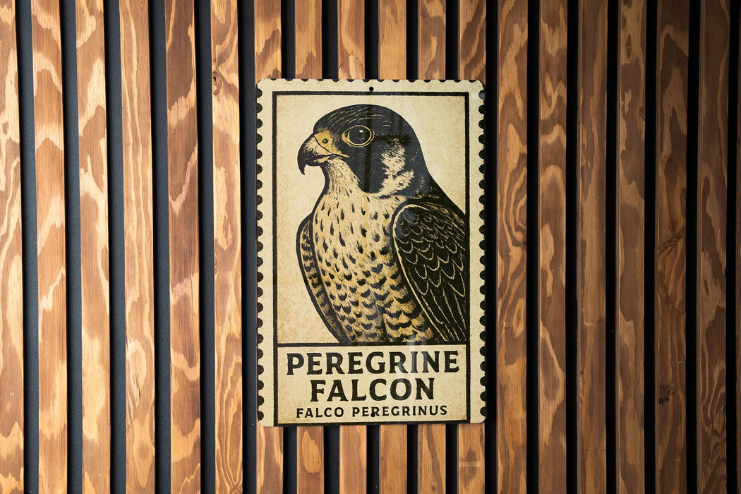 A postage stamp featuring a peregrine falcon is displayed against a wooden background.