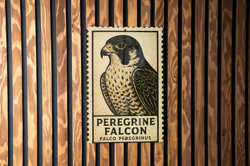 A postage stamp featuring a peregrine falcon is displayed against a wooden background.