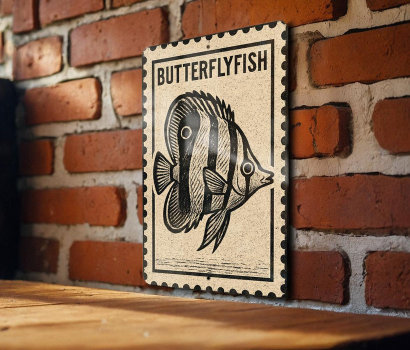 Butterflyfish Metal Sign – Vintage Stamp Style Wall Art for Beach House, Coastal Decor, Nautical Fish Plaque