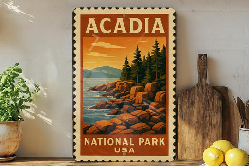 A vintage-style metal sign with the text "ACADIA NATIONAL PARK USA" displayed on a wall, featuring a scenic landscape with pine trees, mountains, and a rocky coastline.
