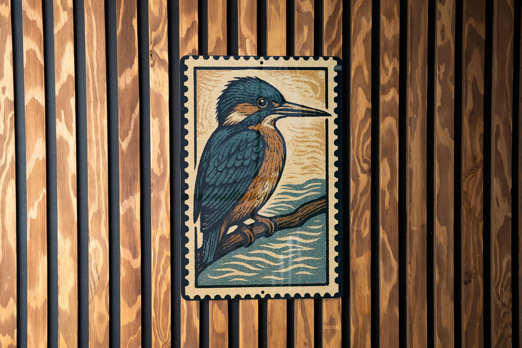 A framed illustration of a blue and brown bird, possibly a kingfisher, perched on a branch against a wooden background.